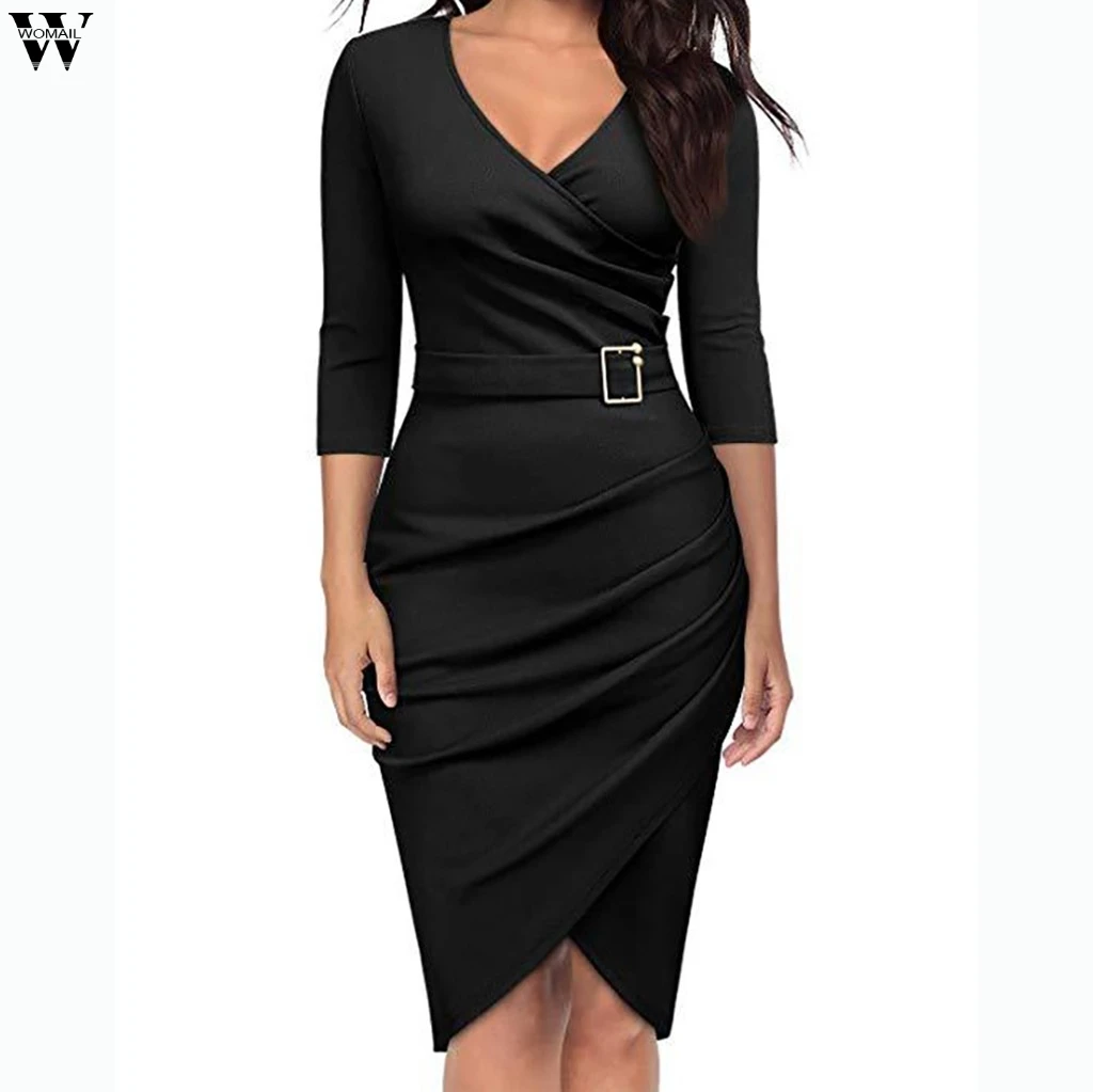 

Autumn Dress 2018 Women Casual Elegant Office Dresses Female Sexy V-Neck Knee-Length Burgundy Dress Dec10