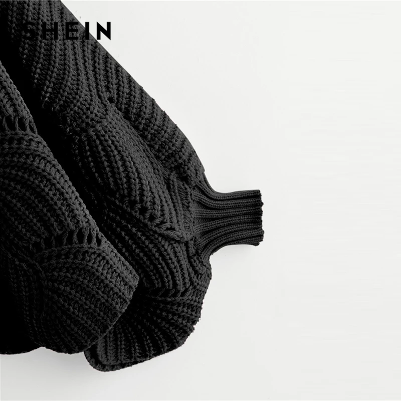 SHEIN Black Preppy Solid Oversized Eyelet Detail Scallop Trim Batwing Sleeve Boat Neck Sweater 2018 Autumn Casual Women Sweaters SHEIN Black Preppy Solid Oversized Eyelet Detail Scallop Trim Batwing Sleeve Boat Neck Sweater 2018 Autumn Casual Women Sweaters