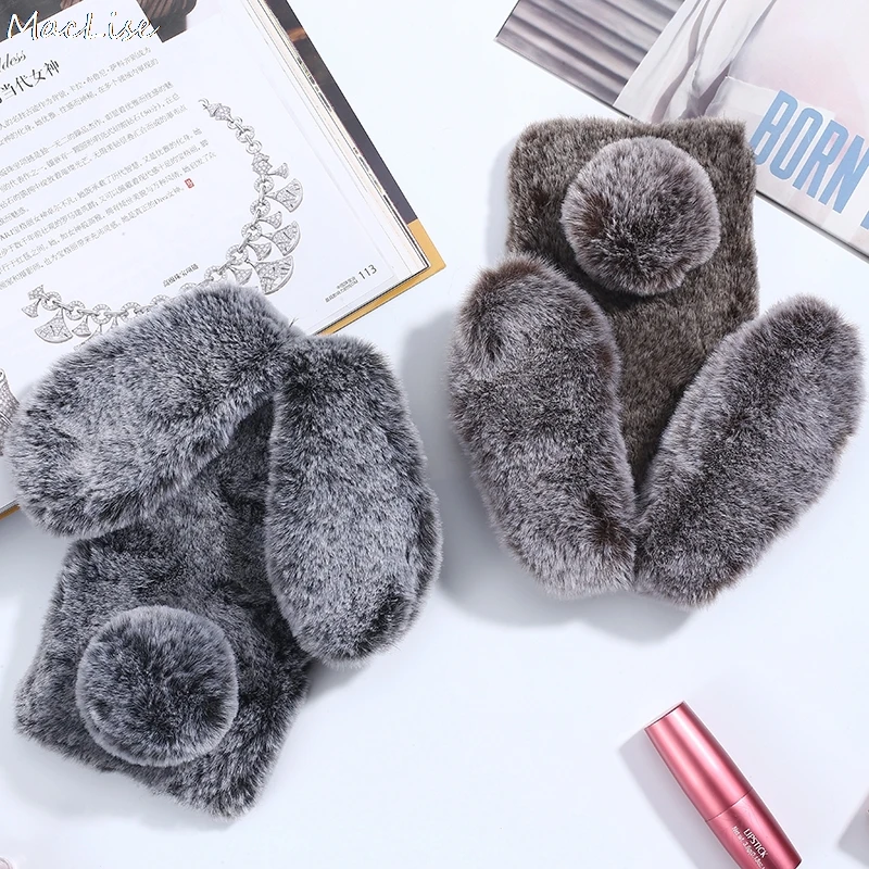 

Bling Rhinestone Plush Bunny case For Girls For iPhone 7 8 Xr phone 3D Cute Rabbit Hairy Warm Fur Cover for iPhone 5S 6S Xs MAX