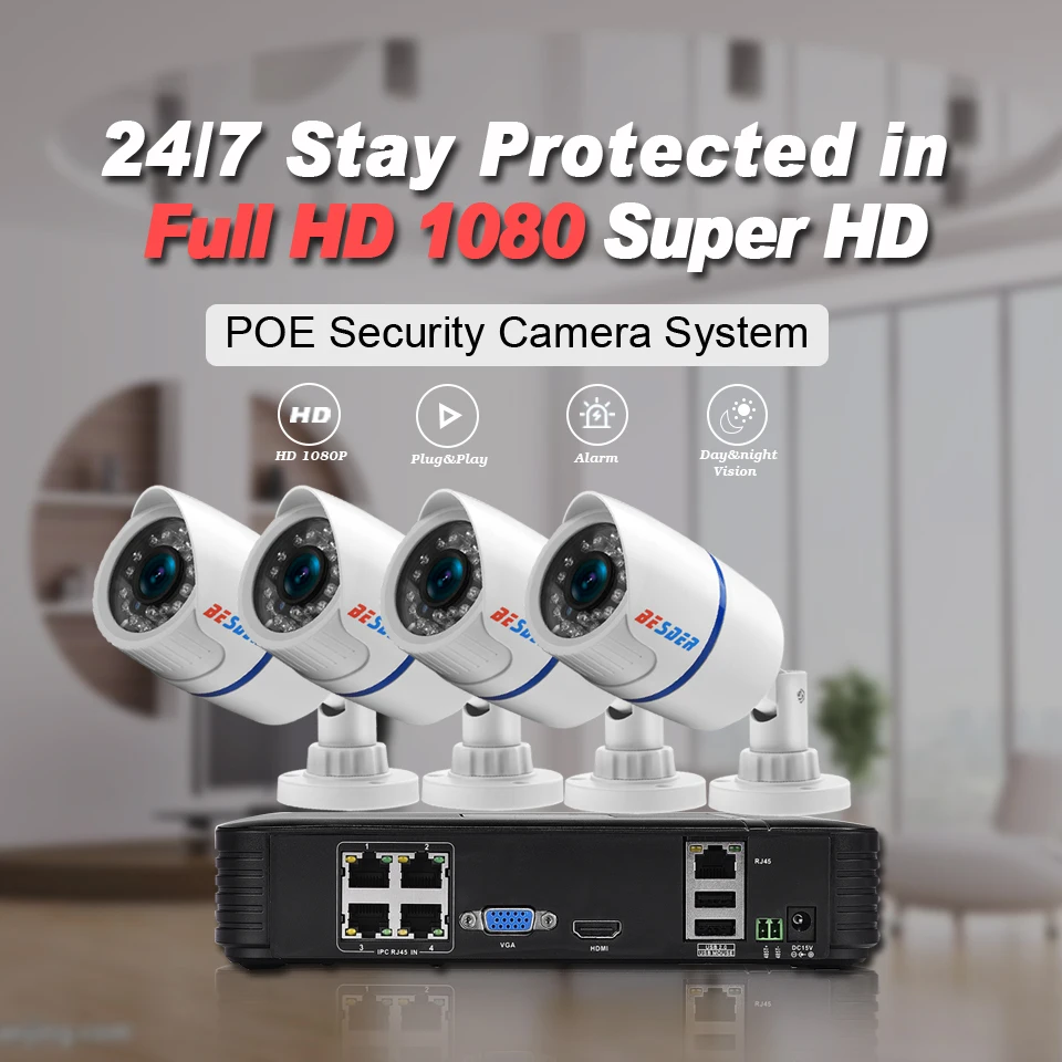 Система видеонаблюдения BESDER Full HD 1080P 4 шт. IP камеры для помещений и улицы канальный