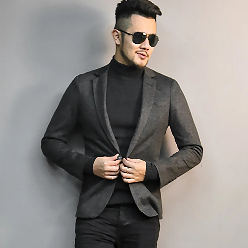 Autumn Winter New Woolen Slim Casual Men Black Striped Suit Business Gentleman British Style Brand Suit for Men Wedding Blazer