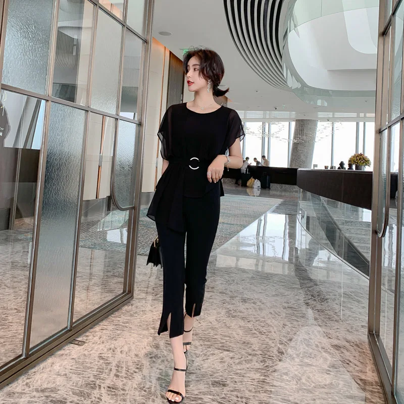 

2019 Summer Suit Workwear Sets Black Casual Office Suits For Women Patchwork Chiffon Shirt Tops and Pencil Pants 2 Pieces Set