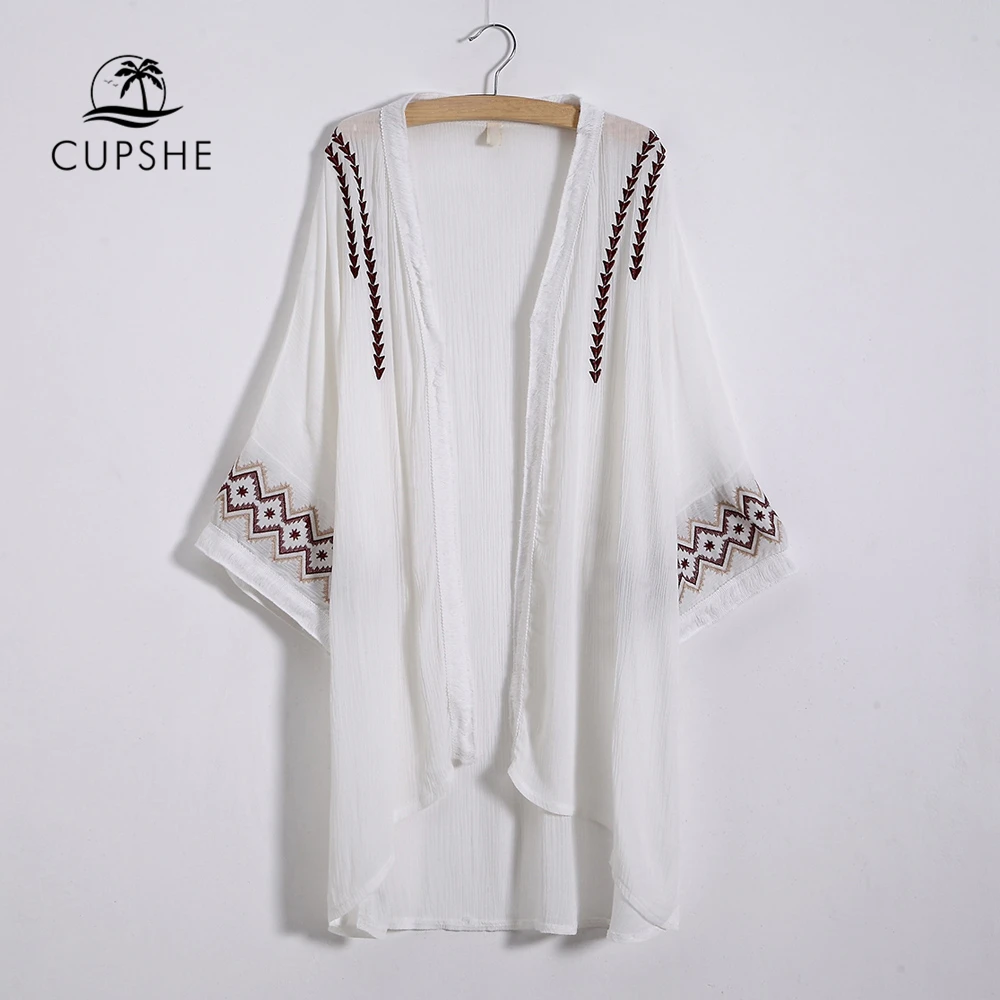 

CUPSHE White Simple Pattern Embroidered Cover Up 2019 Women Boho Fringe Bathing Kimono