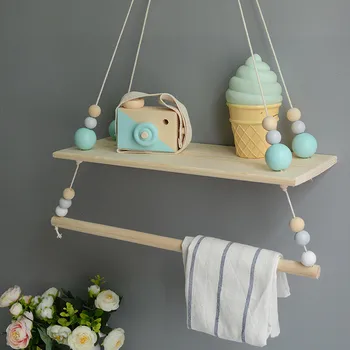 

Nordic Children Room Decorative wood Wall Shelves kids cloth hanger Clapboard With Beads INS Kids Decoration Party Decor Gifts