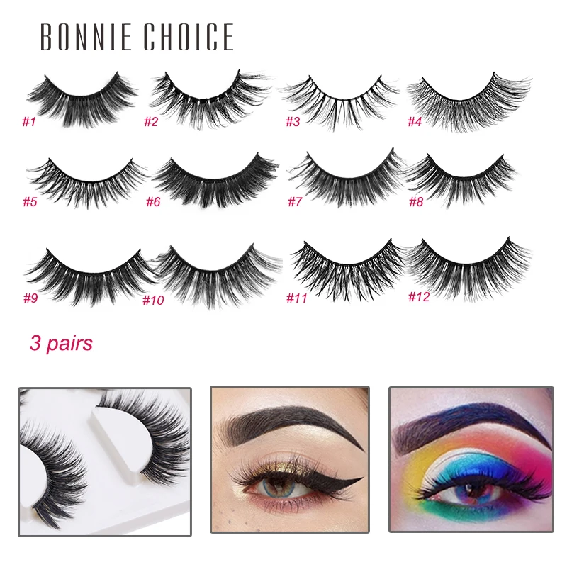 

BONNIE CHOICE False Eyelash 3pairs/box Mink Natural Long HandMake Full Strip Reusable Beauty For Fake Lashes Extension JM006