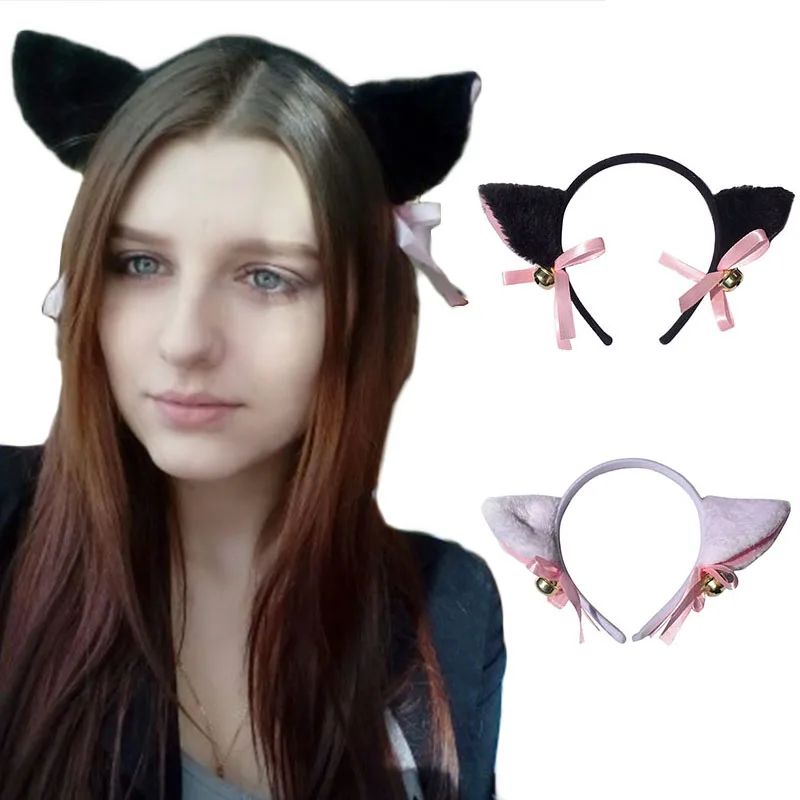 Cute Cat Fox Fur Ear Women Headband Bell Cat Ear Hair Clips for Girl