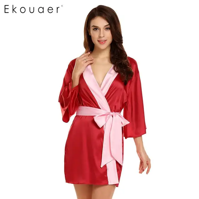 Ekouaer Women Sleepwear Robe 3/4 Sleeve Patchwork Open Front Bathrobes ...