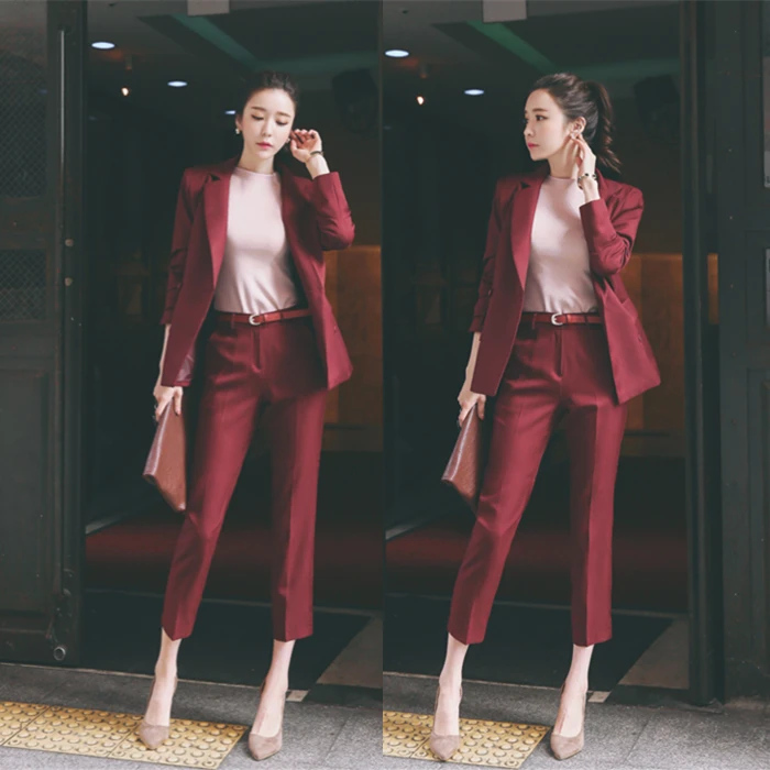 Wine Work Pants Suits 2 Piece Sets Office Lady Suits Women Outfits Spring Wine Work Pants Suits 2 Piece Sets Office Lady Suits Women Outfits Spring