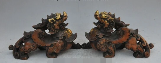 

005983 9"chinese fengshui bronze gilt Unicorn brave troops pixiu wing beast statue pair