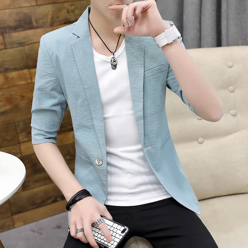 

Summer Mens 3/4 Sleeve Blazers Jacket Slim Fit Thin Coat Solid Lapel One Button Male Jackets Short Coat Casual Outwear A2