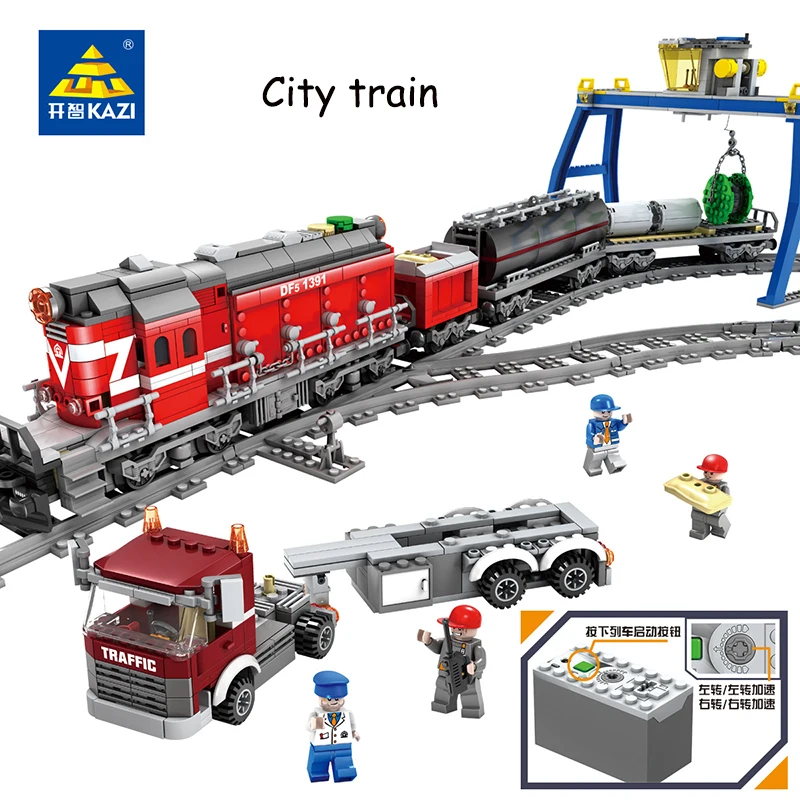 Kopen Originele KAZI 98223 98224 batterij aangedreven elektrische trein met spoor trein kinderen gemonteerd bouwstenen kinderspeelgoed