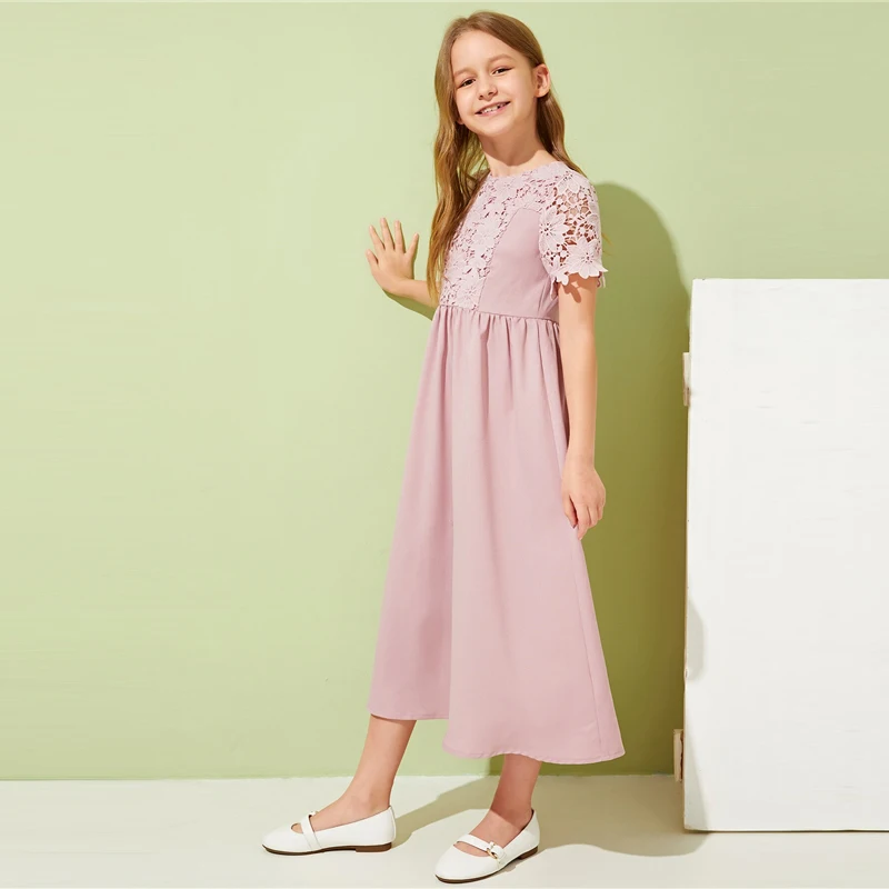 SHEIN Kiddie розовый гипюр кружева аппликация девушки милое платье Лето короткий рукав Высокая талия длинные расклешенные платья для подростков