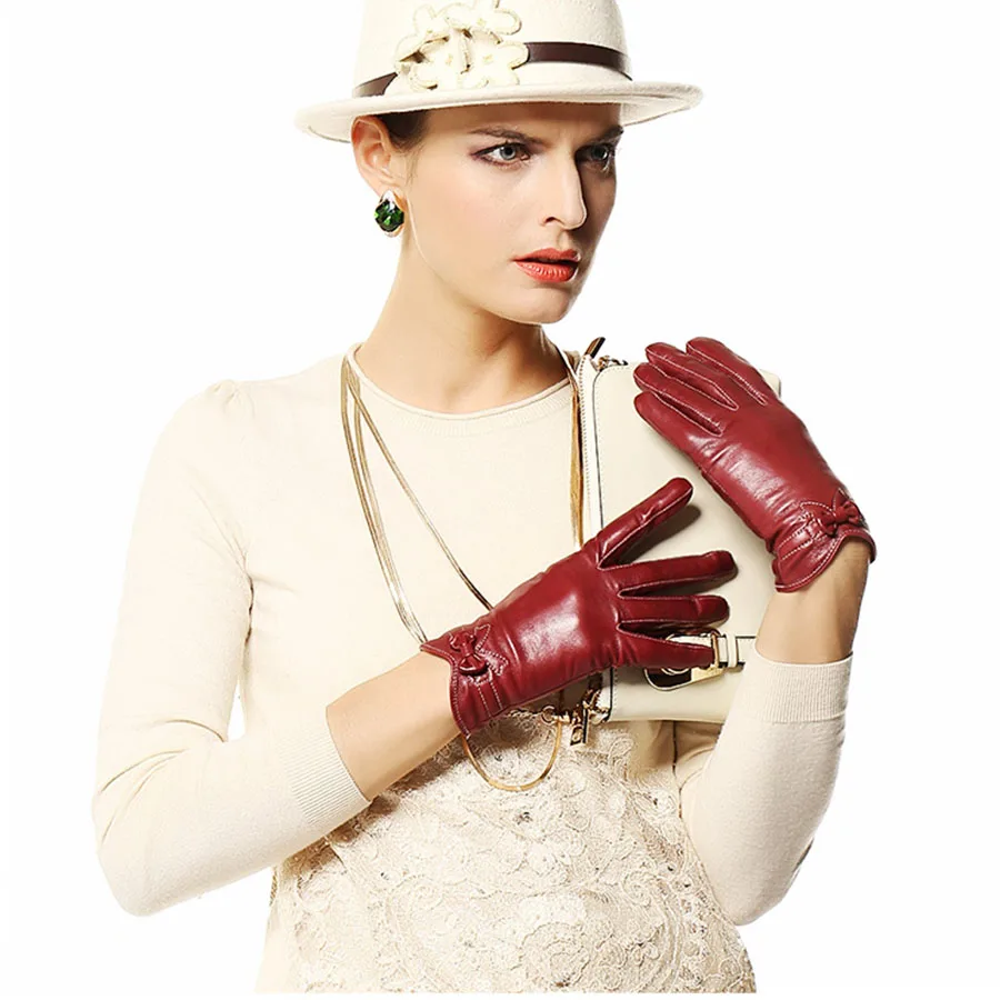 Women Leather Gloves Sheepskin Gloves Bow Tie Plus Thick Winter Mittens Woman Thickened Warm