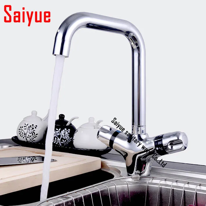 Great Quality Thermostatic Kitchen Sink Swivel Mixer Chrome Brass Basin Faucet water tap dual holder single hole deck mounted 