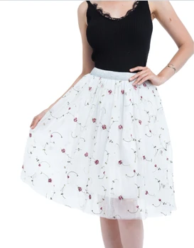 

Women Pleated Mini Skirt Floral Printed 3 Layers Tulle Tutu Lace High Waist Skirts One Size
