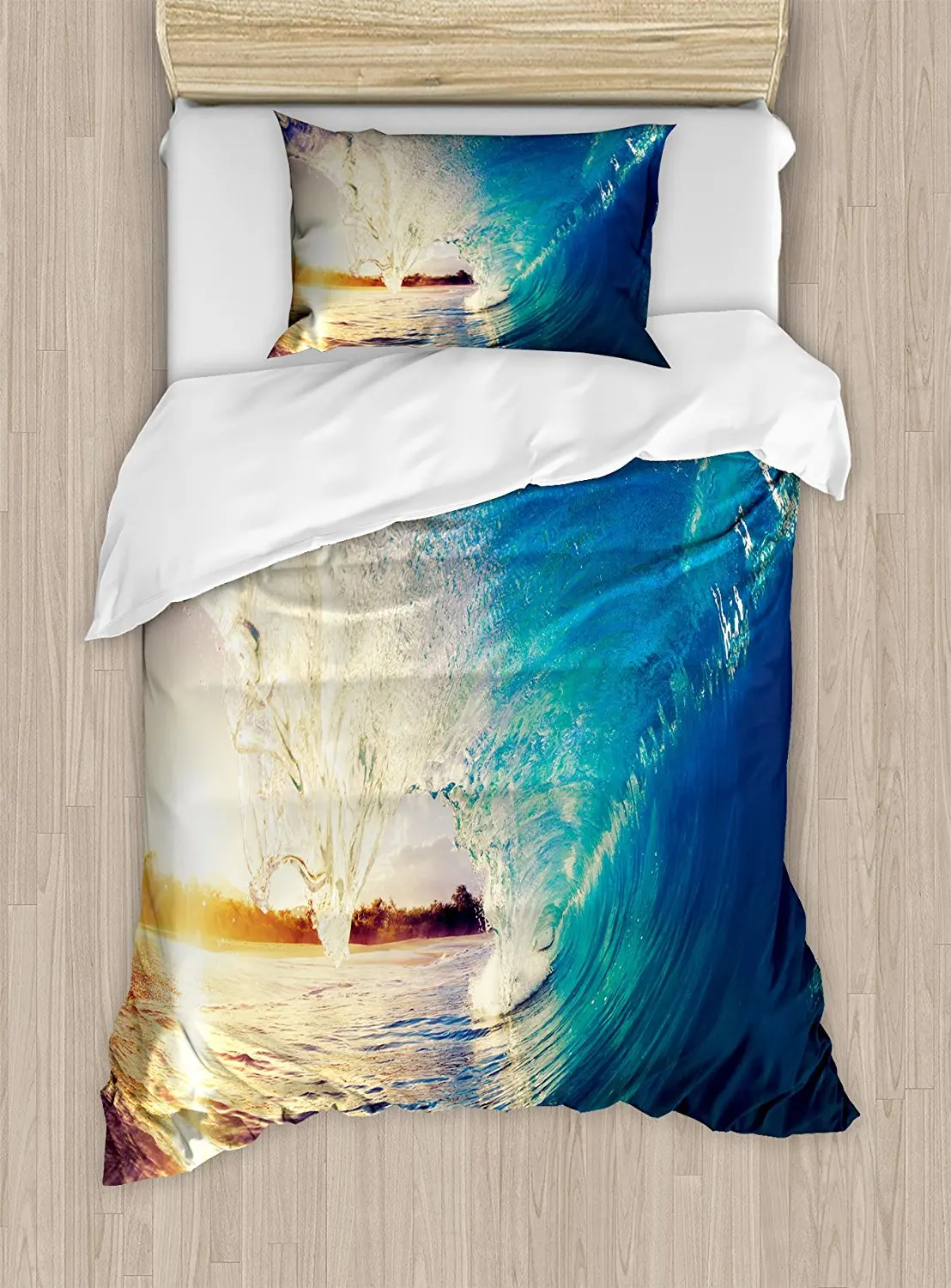 Ocean Duvet Cover Set Sunrise on Waves Surfer Perspective Surreal