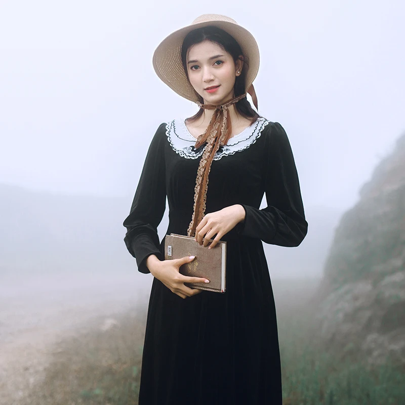 Линетт's chinoiseroy весна осень дизайн женские французские винтажные черные бархатные платья