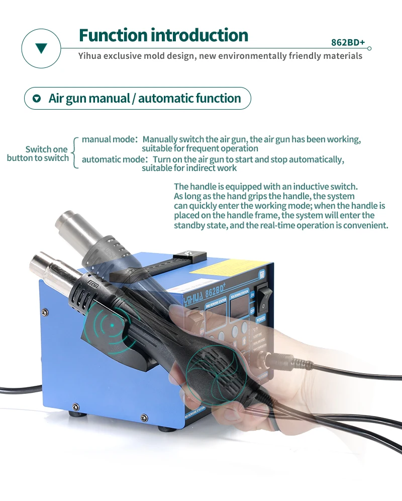 Высокая мощность YIHUA 862BD+ фена паяльная станция с импортным нагревателем, используемым для ремонта телефона и припоя