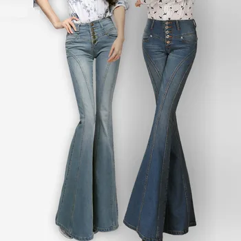 

Autumn Spring Fashion Women Black Blue Button Fly Stretch Denim Trousers , Fall Woman High Waisted Elastic Jeans Pants