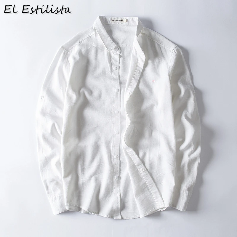 Japan Style Mens Pure White Cotton Linen Shirt Long Sleeve Slim Fit