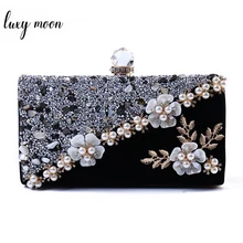 Клатч с жемчужинами и цветами для женщин, маленькая винтажная черная велюровая вечерняя сумочка, элегантная свадебная сумочка для невесты, сумка ZD1085