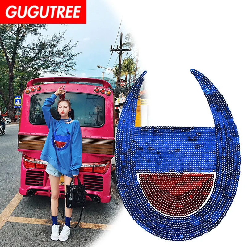 

GUGUTREE embroidery Sequins big blue patches red patches badges applique patches for clothing XC-176