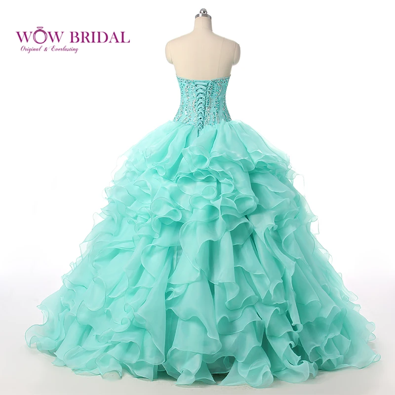 Wowbridal Роскошный Зеленая мята Quinceanera Платье Стеклянные Кристаллы Бальное платье Из Органзы Слои Сладкий 16 Платье Vestido Де 15