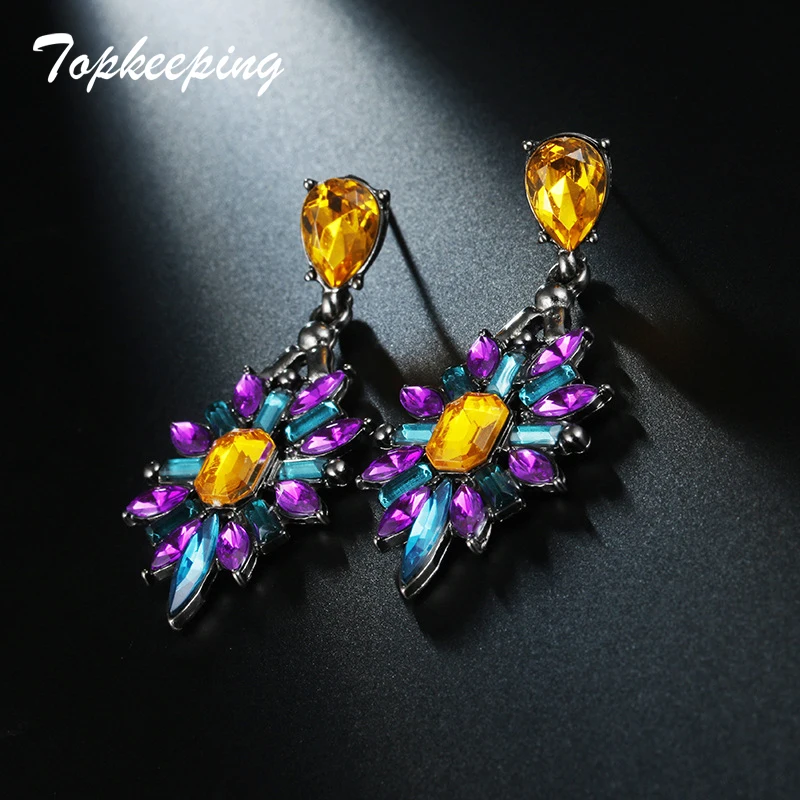 Topkeeping Brand Fashion Colorful Flower Big Luxury Drop Earring Pendant Crystal Rhinestone Statement Earrings Jewelry Wholesale | Украшения