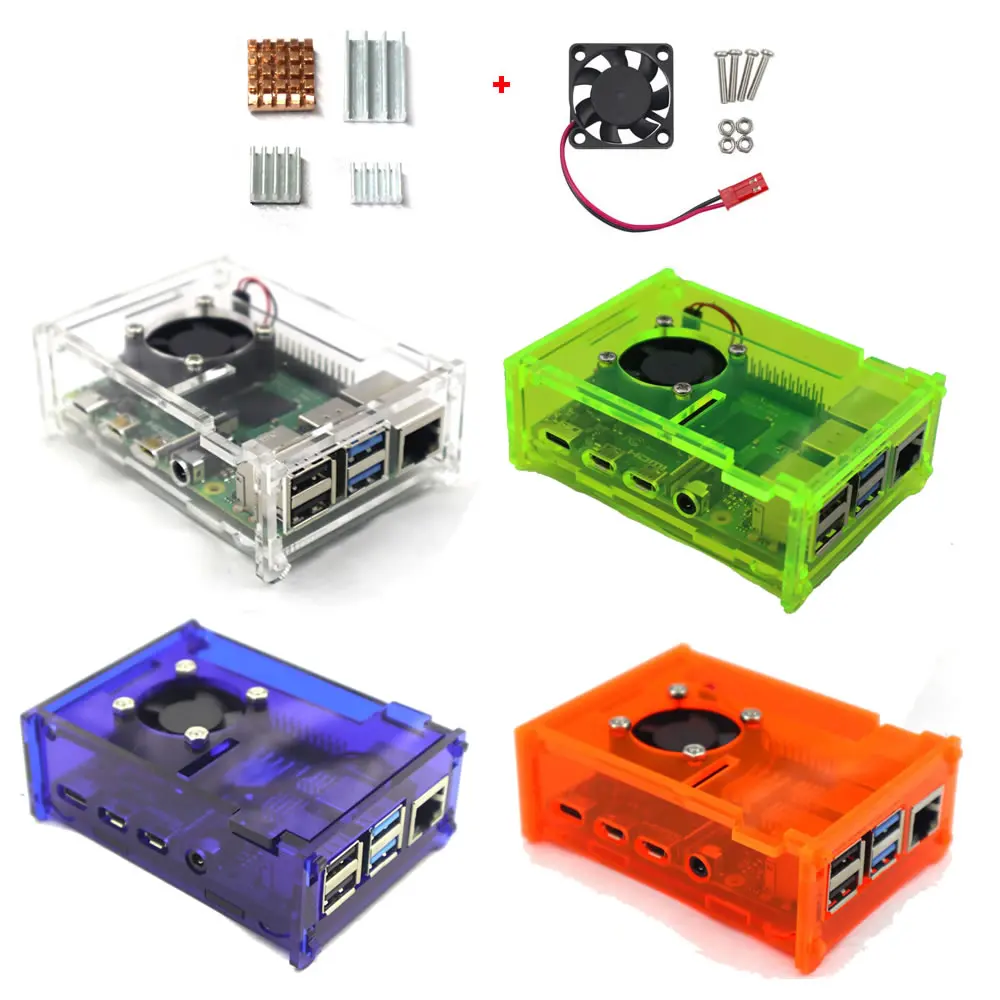 

Raspberry Pi 4 Model B Acrylic Case Enclosure Box with Cooling Fan and Copper Aluminum Heatsink Kit