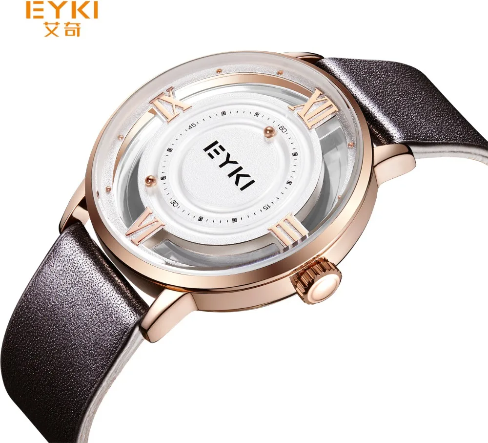 

EYKI Creative Design No Pointer Men Watch Women Cowhide Strap Quartz Wrist watch Male Unisex Hollow Dress Clock Relogio Feminino