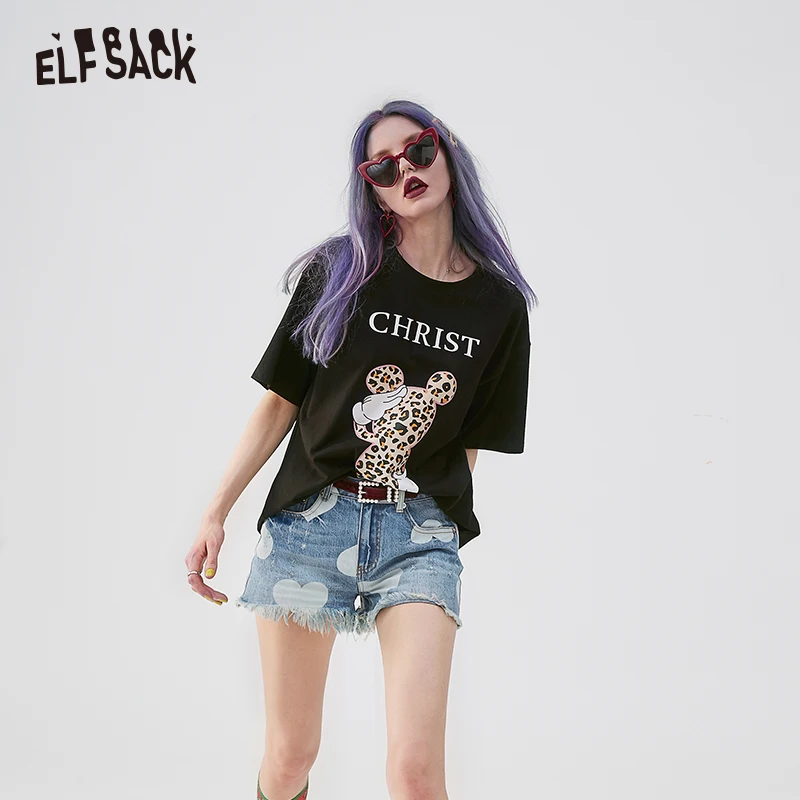 قزم SACK القطن إلكتروني طباعة النساء تي شيرت أزياء ليوبارد يزين عارضة س الرقبة فام تي شيرت 2019 الصيف المتضخم المحملة قمم