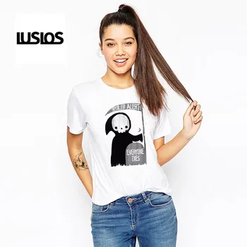 

LUSLOS vogue graphic tees women SPOILER ALERT EVERYONE DIES Funny Halloween Death Grim Reaper Women's T-shirts white t shirt