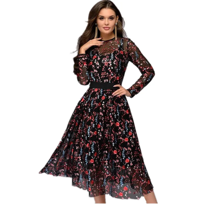 

Mesh See-through Floral Embroidery Office Lady Dress A-line Knee-Length Sexy O-Neck Women Spring Autumn Boho Dress 2019 Fashion