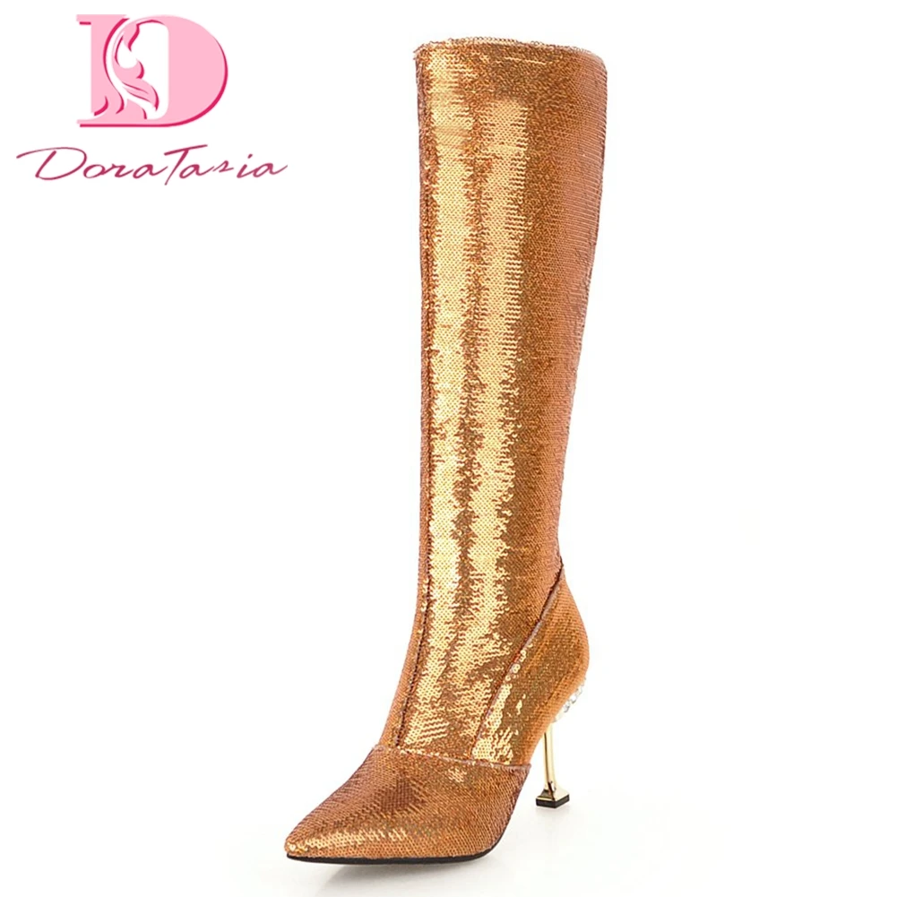 

Doratasia 2018 Large Size 32-43 Sequin Thin high Heels Shoes Woman Boots Zip Up Party Boots knee-high Boot Woman Shoes