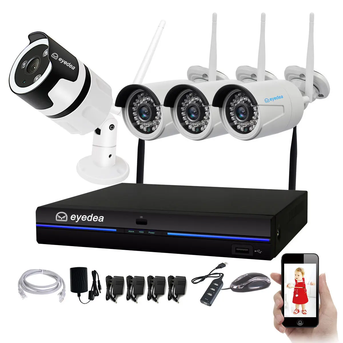 

Eyedea Wireless Home Security Camera System 4CH 1080P WiFi NVR 2.0MP Outdoor Waterproof Audio Phone View Surveillance Kits