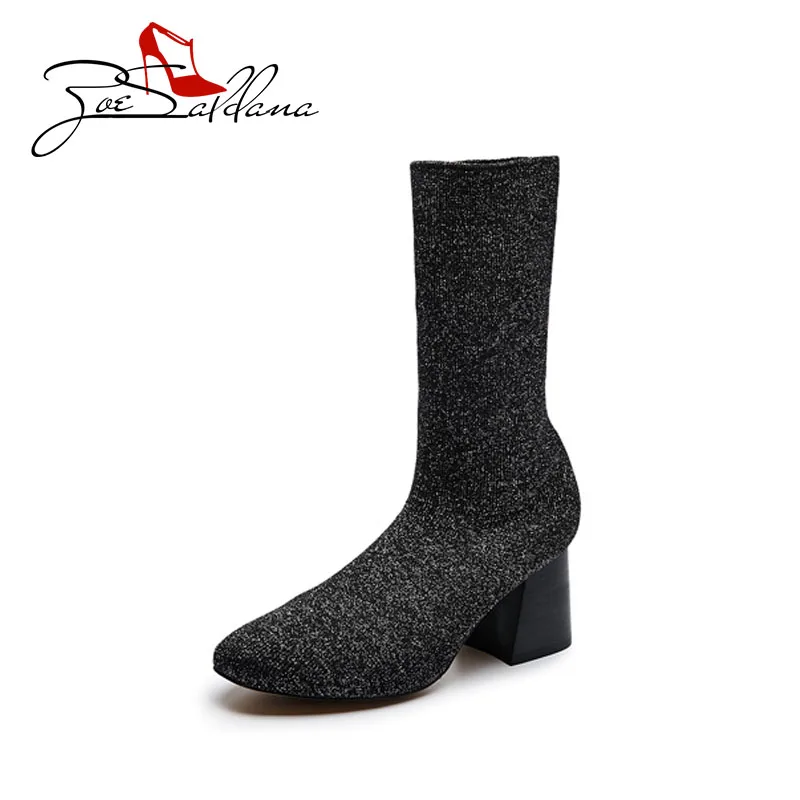

Zoe Saldana 2017 Stretch Fabric Round Toe Spring And Autumn Square High Heel Knitted Wool Socks Boots Women Shoes
