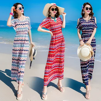 

Bohemia beach dress Dew shoulder with short sleeves National wind dress 2019 summer cultivate one's morality show thin dress