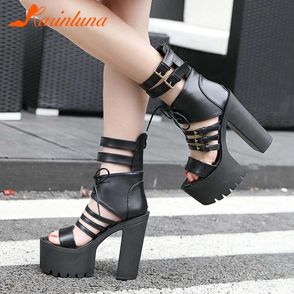 

KARINLUNA 2019 New Arrivals Peep Toe Summer Boots Woman Shoes Women Buckles Platform Chunky High Heels Woman Boots