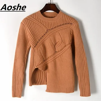 

Korean Fashion Designer Knit Pullover Women Long Sleeve Hollow Out Jersey Crop Top Sweater 2018 Winter Irregular Jumper