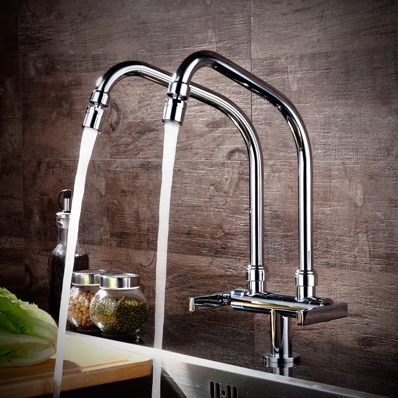 Contemporary Chrome Finish Solid Brass Kitchen Faucet Two Swivel Spouts Deck Mount Mixer Faucet Vessel Sink Mixer Tap cozinha