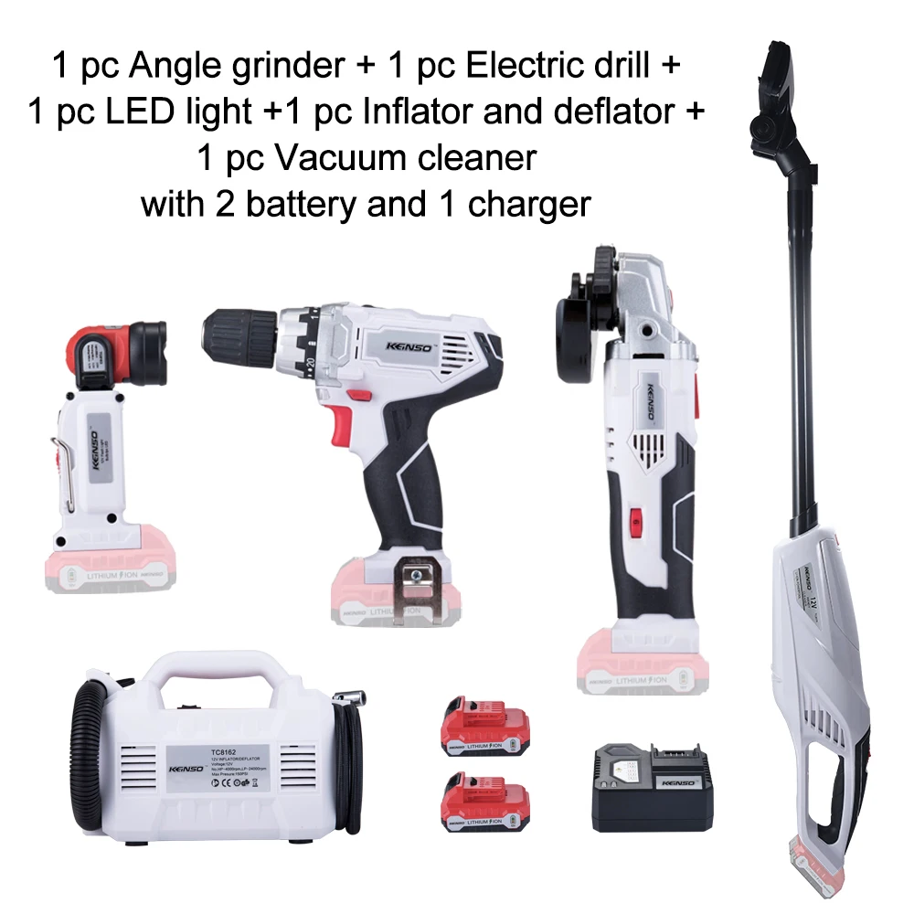 

Keinso 12V Angle grinder Electric drill LED light Inflator and deflator Vacuum cleaner with two lithium battery and one charger