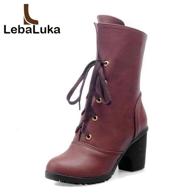 

LebaLuka Size 33-43 High Heel Woman Boots Winter Shoes Women Thick Heel Fur Half Short Boots Woman Lace Up Short Boots Footwear