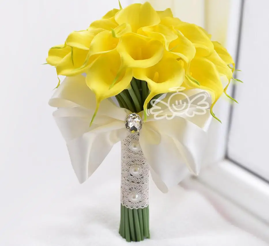 AYiCuthia Настоящее сенсорный Желтый Калла Лили палочка для подружки невесты для девочек в цветочек Keepsake цветок палочка Букеты Свадебные
