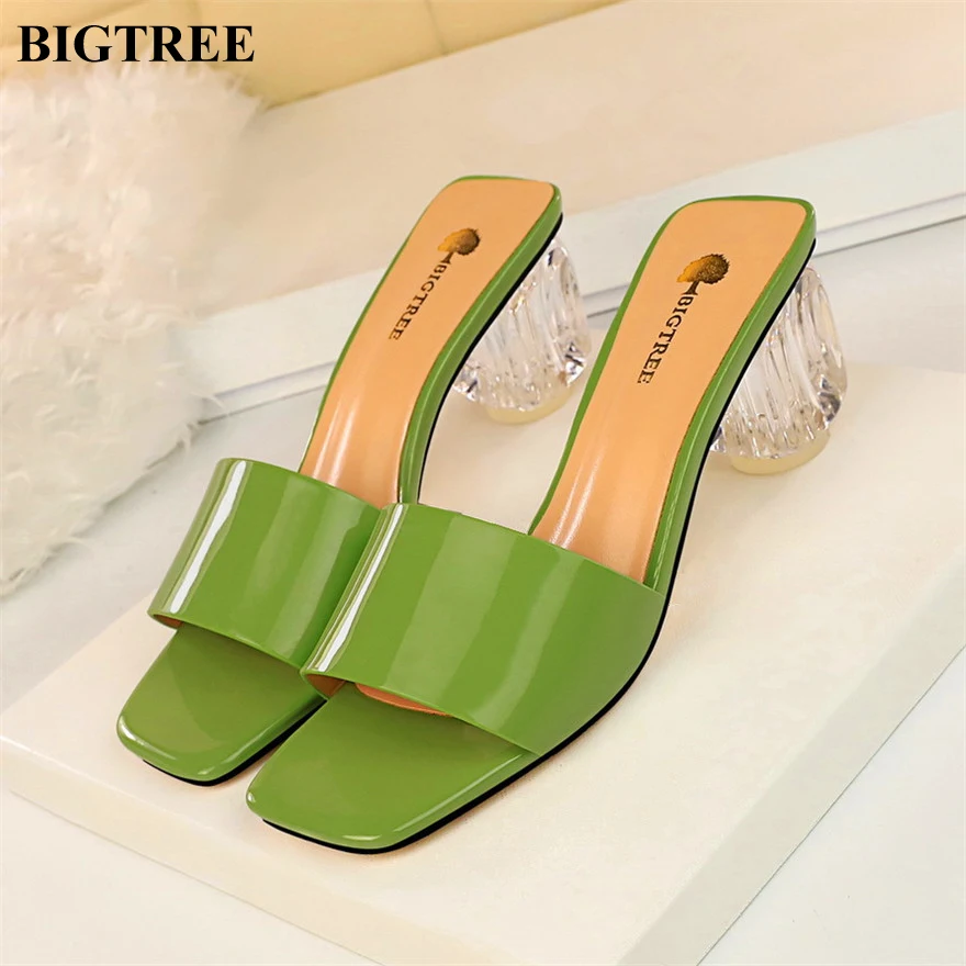

Fashion Summer Daily Ladies Slippers Sexy High Heel Crystal Women's Shoes Transparent Thick Square Head PU Leather Women Slides