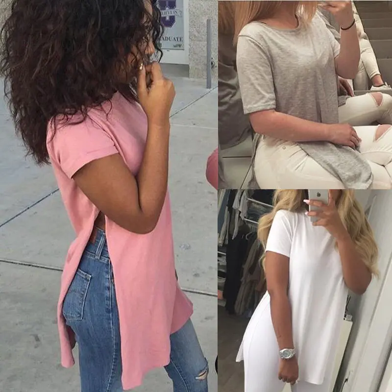 

Women Summer Casual Cotton Short Sleeve Chiffon T-shirt Top Long Length Black Pink White Grey S-XL T-Shirts
