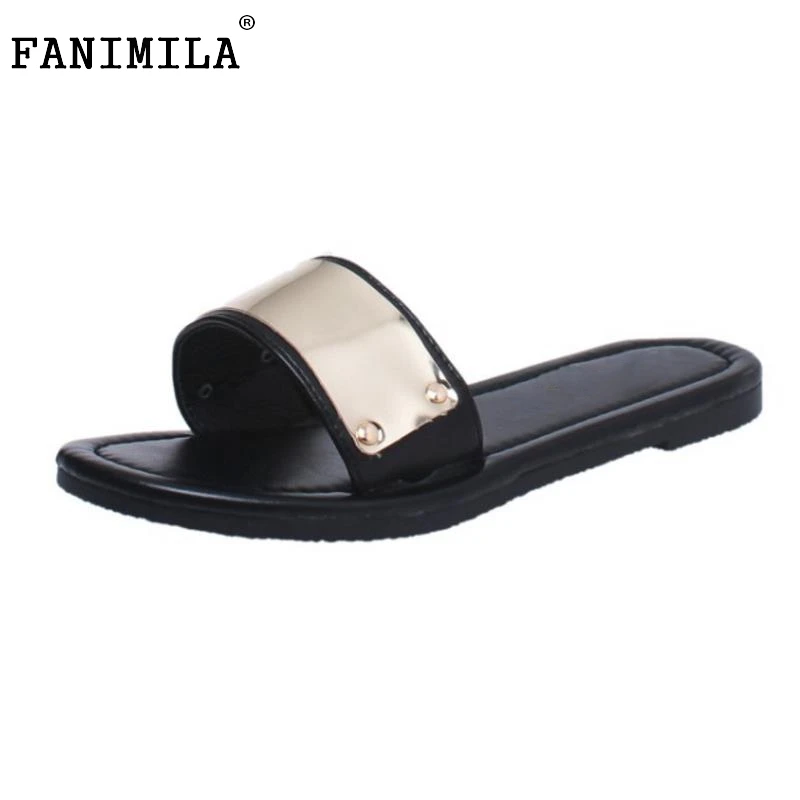 

FANIMILA Summer Lady Flat Sandals Patchwork Metal Shoes Women Flats Vacation Beach Concise Female Footwears Size 35-40