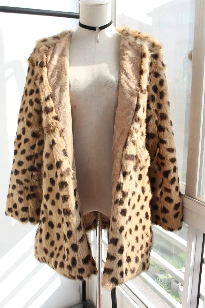 natural rabbit fur coat long sleeve leopard color (5)
