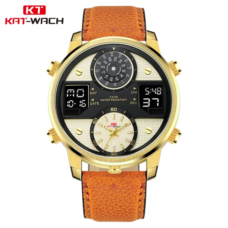 

Gold Watch Men Casual Sport Watch Genuine Leather Japan Quartz Movement Dual Time 50 Meters Waterproof Relojes Hombre 2018