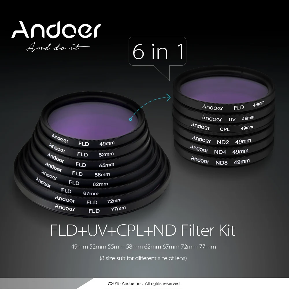 Набор фильтров для фотографии Andoer 49/52/55/58/62/67/72/77 мм UV + CPL FLD ND (ND2 ND4 ND8) набор Nikon Canon Sony