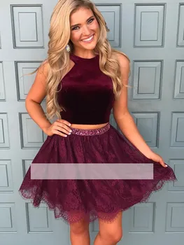 

Purple Homecoming Dresses A-line Halter Short Mini Tulle Velvet Lace Two Pieces Elegant Cocktail Dresses